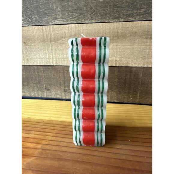Ribbon Candle Christmas Holiday Red Green White 6.25” Tall Vintage - Picture 3 of 6